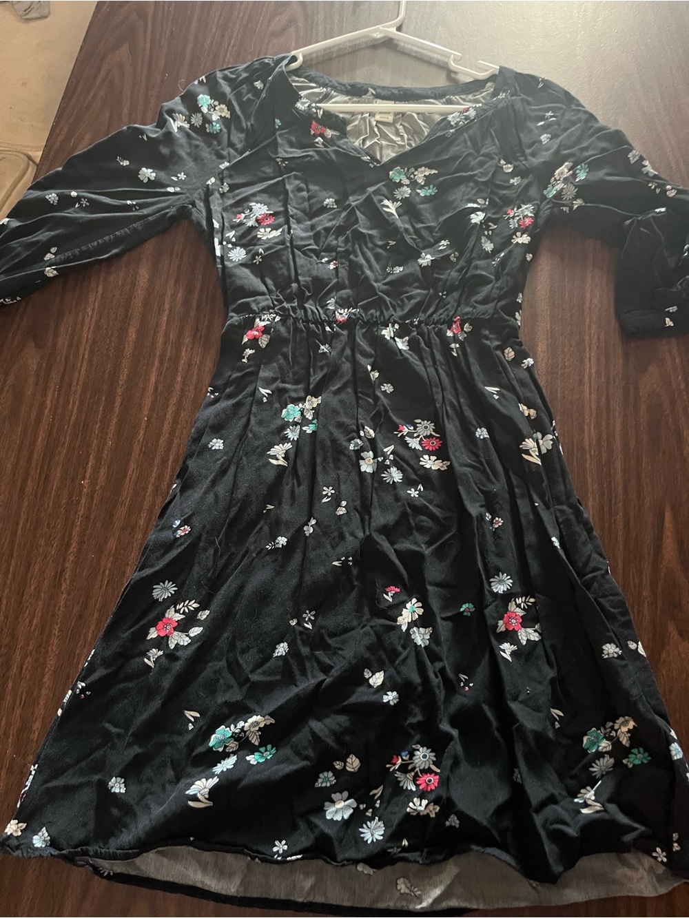 Old Navy Black Floral Midi Dress with Pink & Teal Accents